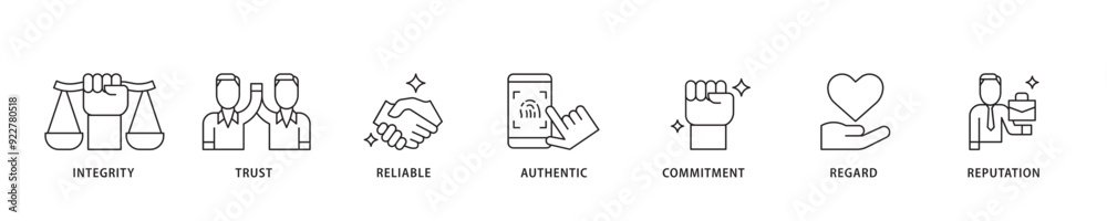 Credibility icon sett lineal illustration concept with icon of integrity, trust, reliable, authentic, commitment, regard, and reputation icon live stroke and easy to edit Credibility icon sett lineal illustration concept with icon of integrity, trust, reliable, authentic, commitment, regard, and reputation icon live stroke and easy to edit