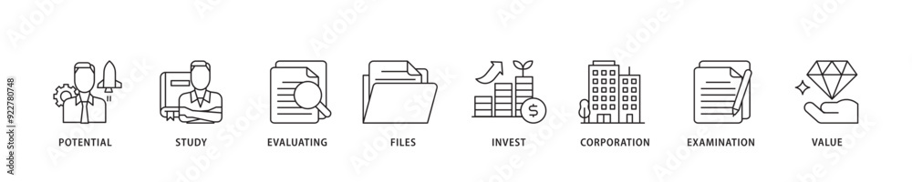 Due diligence icon sett lineal illustration concept with icon of potential, study, evaluating, files, invest, corporation, examination and value icon live stroke and easy to edit Due diligence icon sett lineal illustration concept with icon of potential, study, evaluating, files, invest, corporation, examination and value icon live stroke and easy to edit