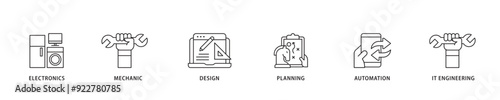 Engineering icon sett lineal illustration concept with icon of electronics, mechanic, design, planning, automation and it engineering icon live stroke and easy to edit 