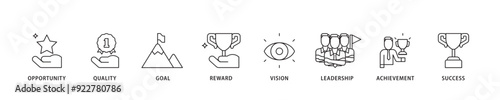 Encourage icon sett lineal illustration concept with icon of opportunity, quality, goal, reward, vision, leadership, achievement, success icon live stroke and easy to edit 