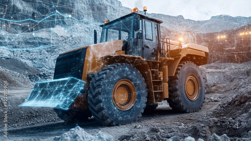 picture of tractors against the backdrop of a quarry, mining industry picture of tractors against the backdrop of a quarry, mining industry