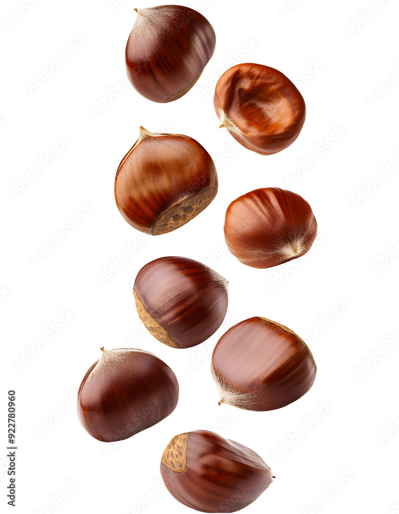 Group of chestnuts falling vertically freely on white background Group of chestnuts falling vertically freely on white background