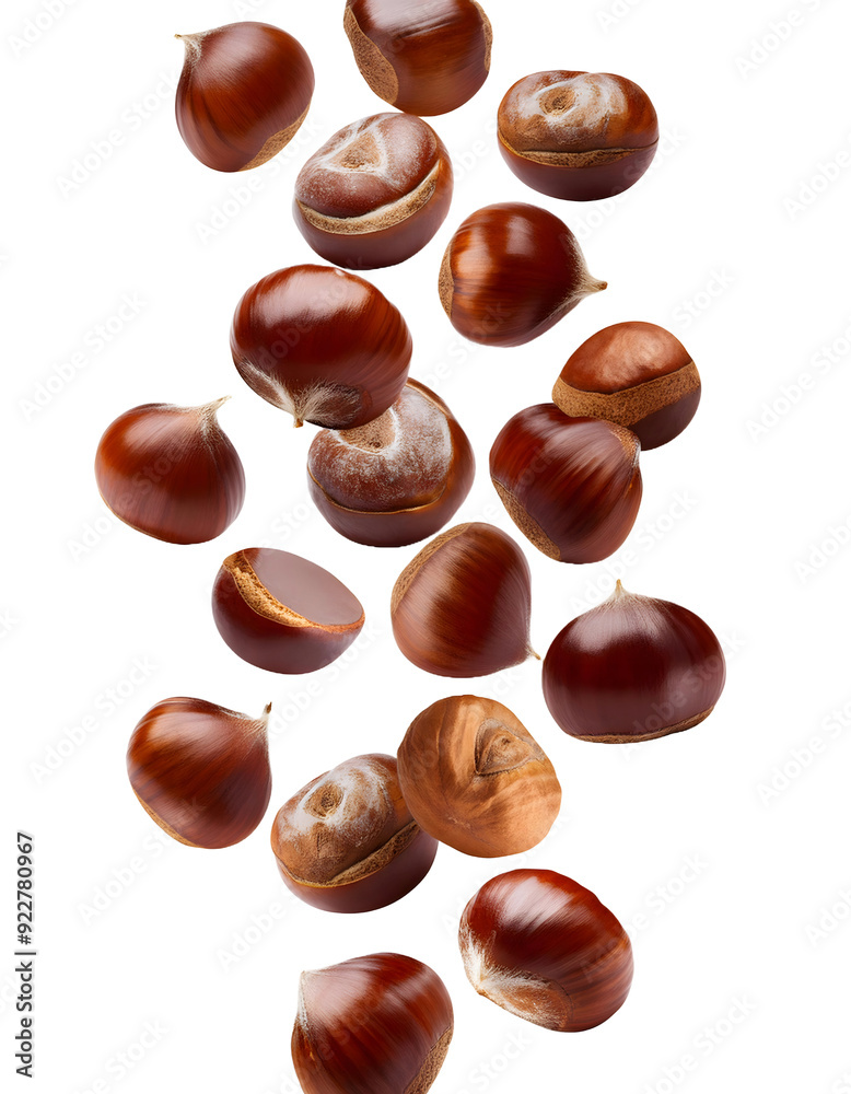 Group of chestnuts falling vertically freely on white background Group of chestnuts falling vertically freely on white background