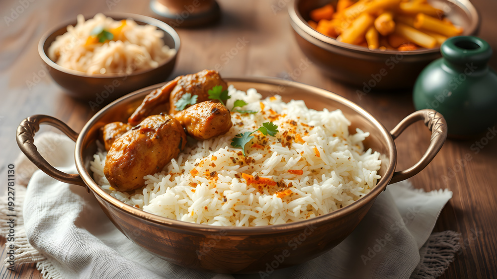 Traditional ARABIC food biryani Basmati rice with chicken on copper bowl serving indian style. Generative AI Traditional ARABIC food biryani Basmati rice with chicken on copper bowl serving indian style. Generative AI