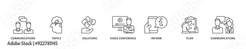 Meeting icon sett lineal illustration concept with icon of communications, topics, solutions, plan, inform and video conference  icon live stroke and easy to edit 