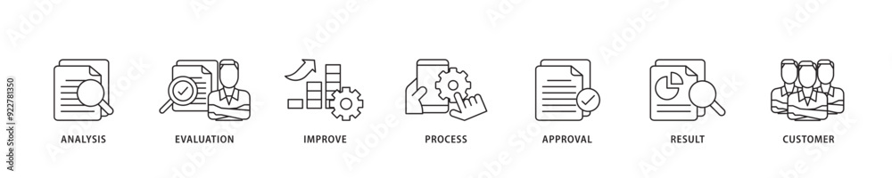Quality control icon sett lineal illustration concept with icon of analysis, evaluation, improve, process, approval, result, and customer icon live stroke and easy to edit Quality control icon sett lineal illustration concept with icon of analysis, evaluation, improve, process, approval, result, and customer icon live stroke and easy to edit
