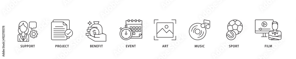 Sponsor icon sett lineal illustration concept with icon of film, sport, event, music, art, benefit, project, support icon live stroke and easy to edit Sponsor icon sett lineal illustration concept with icon of film, sport, event, music, art, benefit, project, support icon live stroke and easy to edit