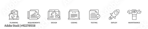 Software development icon sett lineal illustration concept with icon of planning, requirements, design, coding, testing, deploy and maintenance icon live stroke and easy to edit 