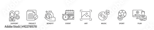 Sponsor icon sett lineal illustration concept with icon of film, sport, event, music, art, benefit, project, support icon live stroke and easy to edit 