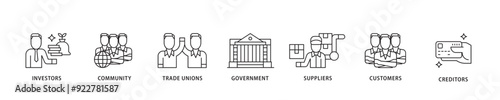 Stakeholder icon sett lineal illustration concept with icon of community, trade unions, suppliers, and customers icon live stroke and easy to edit 