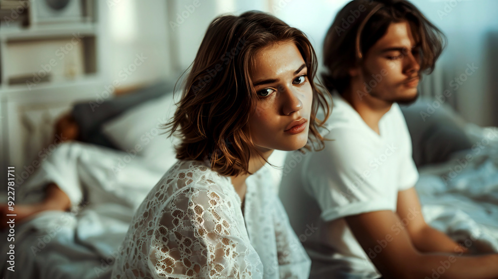 Pensive young couple facing relationship challenges in a cozy bedroom, both lost in thought and emotional tension Pensive young couple facing relationship challenges in a cozy bedroom, both lost in thought and emotional tension