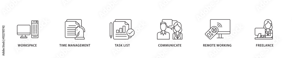 Work from home icon sett lineal illustration concept with icon of workspace, time management, task list, communicate, remote working and freelance icon live stroke and easy to edit Work from home icon sett lineal illustration concept with icon of workspace, time management, task list, communicate, remote working and freelance icon live stroke and easy to edit