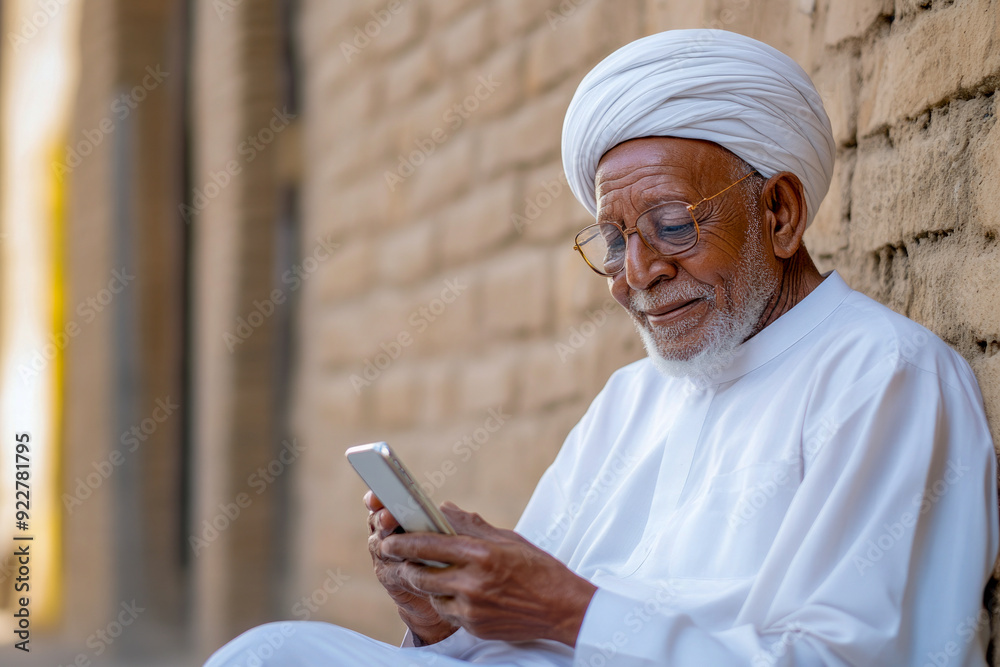 Elderly Man in Traditional Attire Using Smartphone Elderly Man in Traditional Attire Using Smartphone