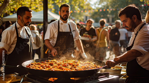 Team of chefs preparing paella at an outdoor food festival, showcasing culinary skills in a vibrant community setting