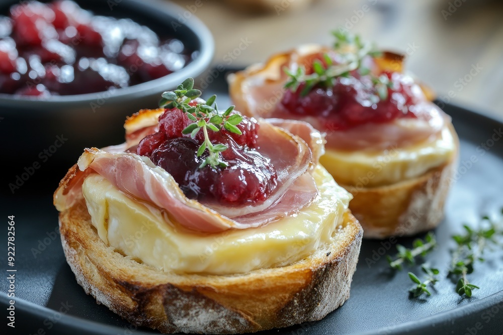 Baked camembert in parma ham on brioche with berry jam. Elegant food - hot appetizer of camembert and ham in summer menu. Cheese appetizer in fine - generative ai Baked camembert in parma ham on brioche with berry jam. Elegant food - hot appetizer of camembert and ham in summer menu. Cheese appetizer in fine - generative ai