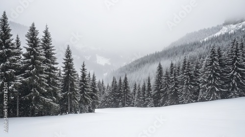 A snow covered forest with a mountain in the background, AI