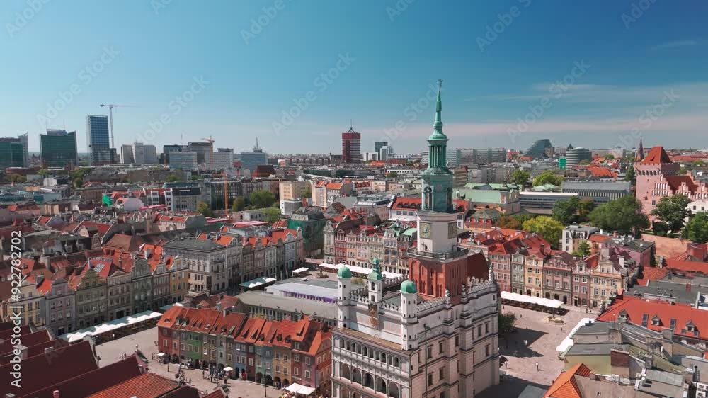 Skyline cityscape of Poznań, Poland. Panoramic aerial view of Poznan Old Town market square (Rynek) and Town Hall (Ratusz) on a sunny summer day