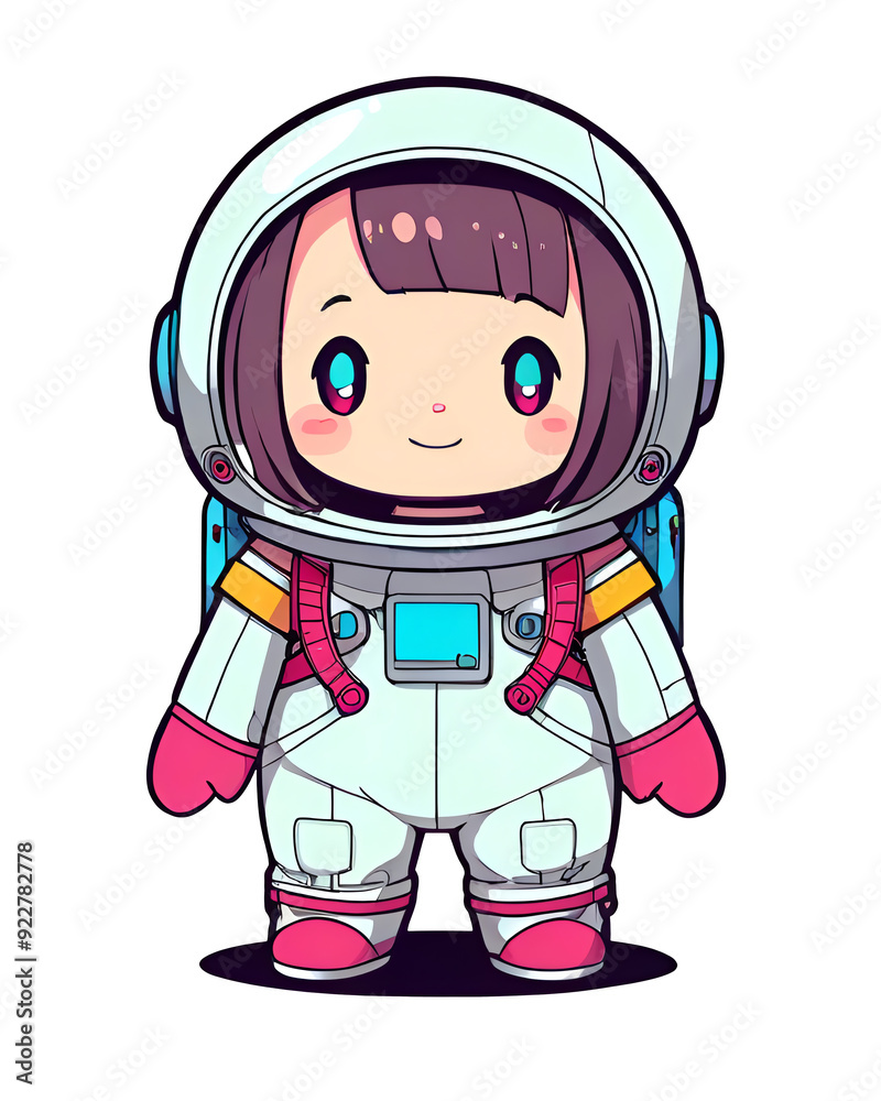 A cartoon girl in a white spacesuit with a blue helmet and a pink backpack