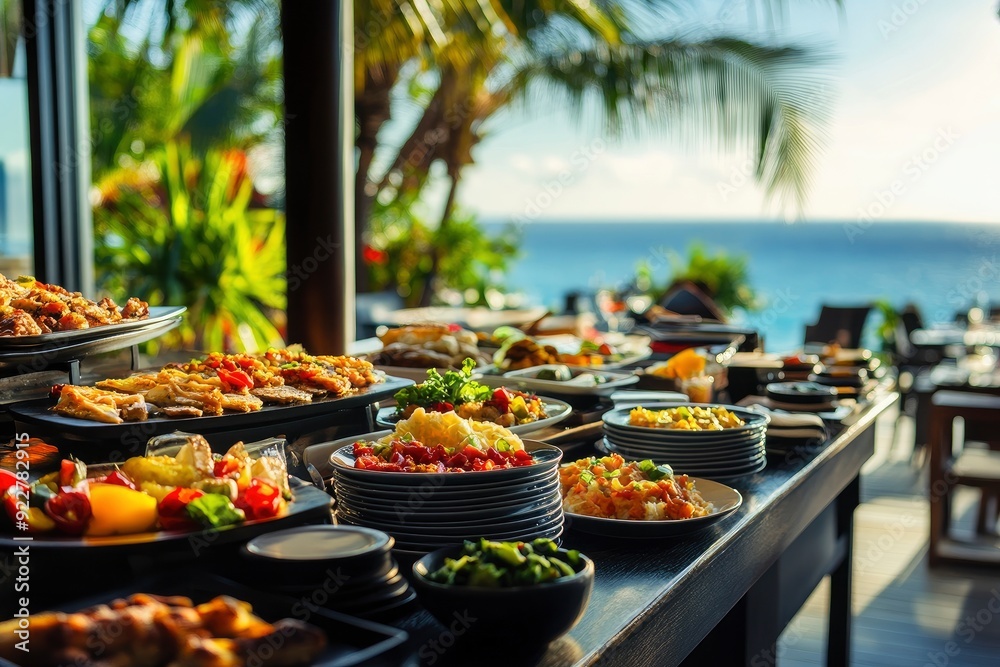 Breakfast in tropical hotel with sea view. Buffet food in restaurant in modern resort. Concept of travel and summer vacation. - generative ai Breakfast in tropical hotel with sea view. Buffet food in restaurant in modern resort. Concept of travel and summer vacation. - generative ai
