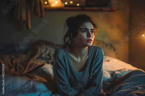 Sad and depressed woman awake in the night worrying