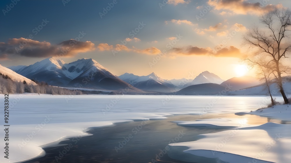 A winter landscape of a frozen lake surrounded by snow-covered hills and leafless trees, with the sun setting behind the distant mountains. A winter landscape of a frozen lake surrounded by snow-covered hills and leafless trees, with the sun setting behind the distant mountains.