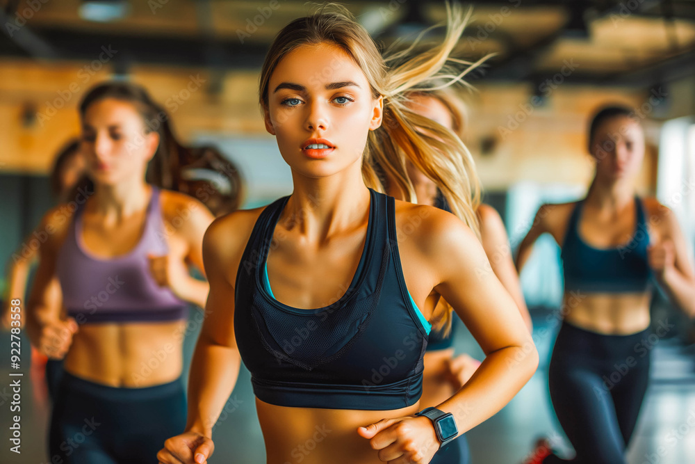 Fototapeta premium Determined woman practicing jogging with female friends during exercise class in gym.