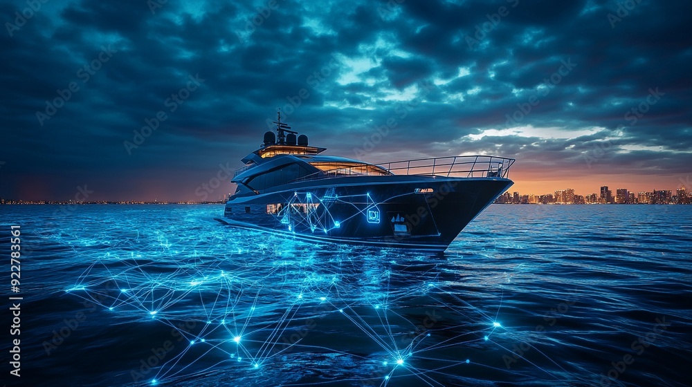 Fototapeta premium High-Tech Yacht in Ocean, Embodying AI Innovation