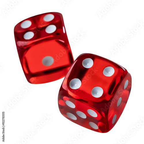 Red glass dice falling free on white background