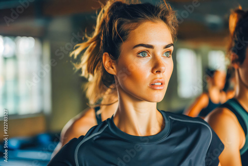Wallpaper Mural Determined woman practicing jogging with female friends during exercise class in gym. Torontodigital.ca