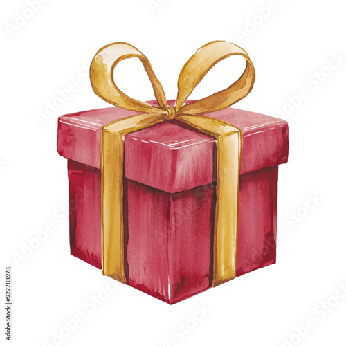 A beautifully wrapped watercolor red gift box with an elegant gold ribbon on top