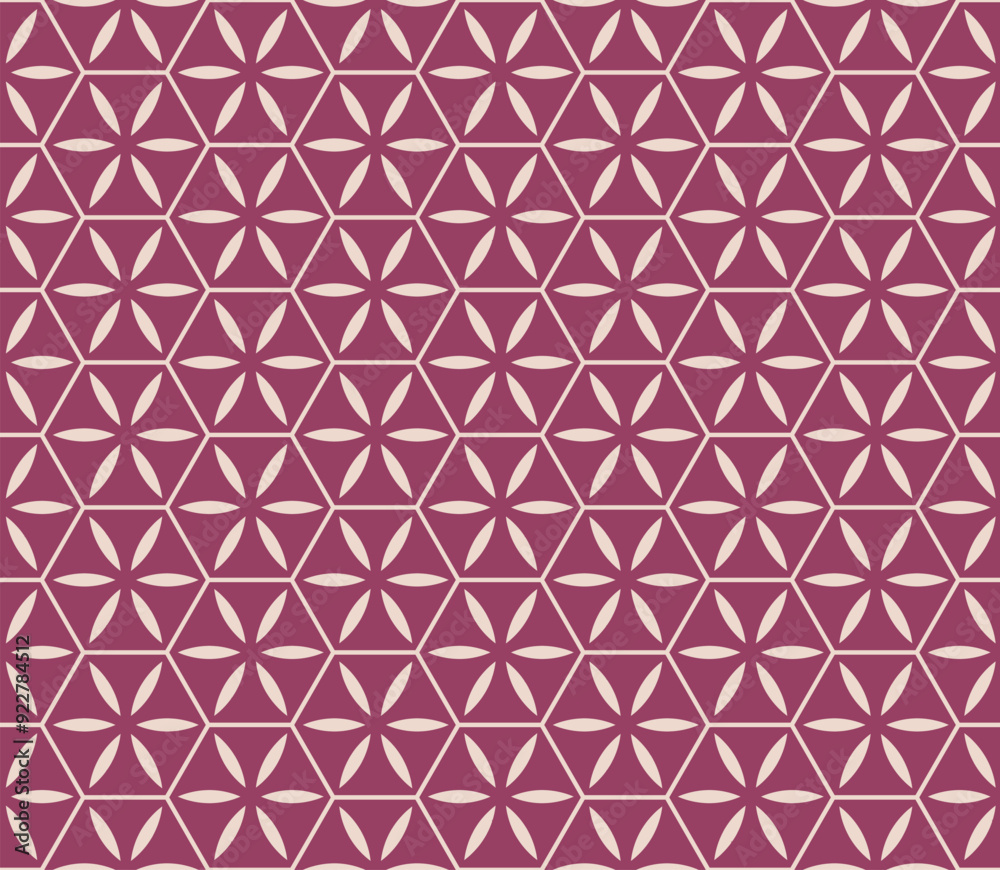 Simple vector seamless pattern. Abstract floral geometric ornament. Maroon and beige color. Stylish background with flower silhouettes, leaves, lines, hexagonal grid, lattice. Repeated geo design Simple vector seamless pattern. Abstract floral geometric ornament. Maroon and beige color. Stylish background with flower silhouettes, leaves, lines, hexagonal grid, lattice. Repeated geo design