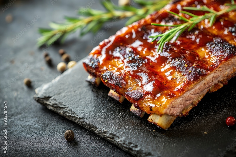 Closeup of pork ribs grilled with BBQ sauce and caramelized in honey. Grilled pork ribs with spices on a stone background - generative ai Closeup of pork ribs grilled with BBQ sauce and caramelized in honey. Grilled pork ribs with spices on a stone background - generative ai