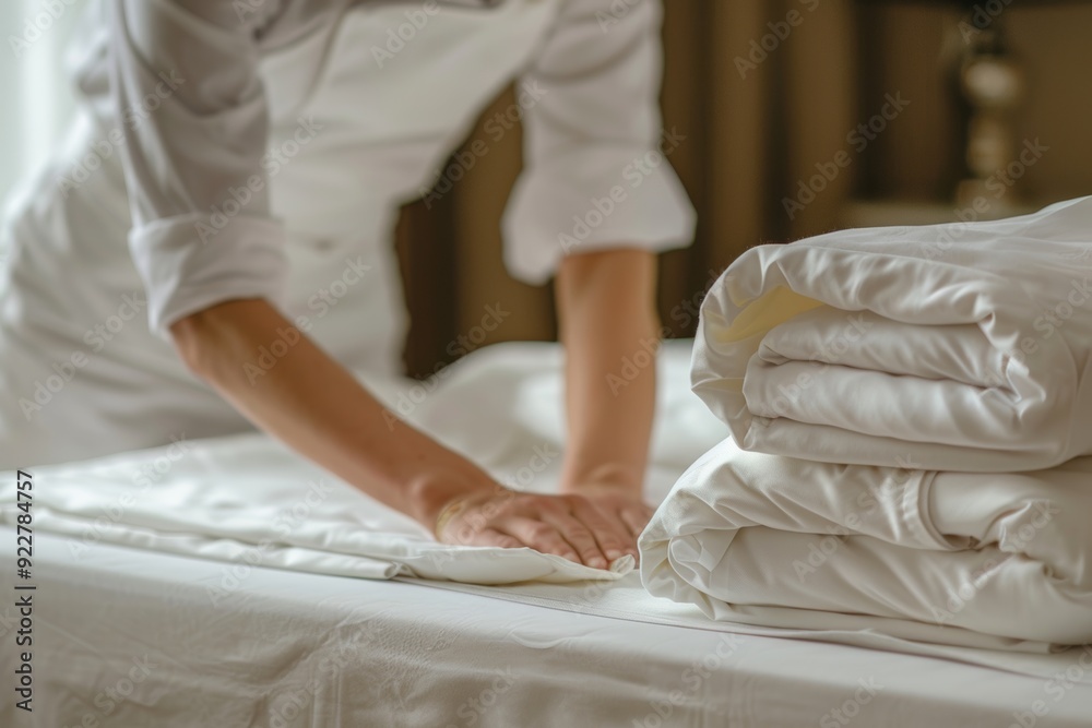A chambermaid making a bed in a hotel room is cropped A chambermaid making a bed in a hotel room is cropped