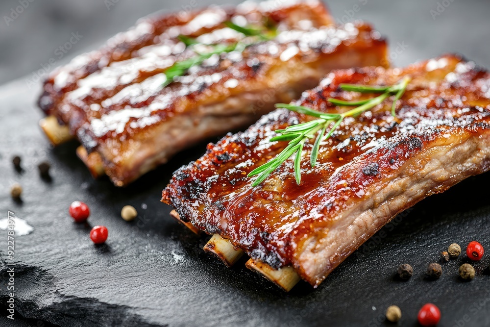 Closeup of pork ribs grilled with BBQ sauce and caramelized in honey. Grilled pork ribs with spices on a stone background - generative ai Closeup of pork ribs grilled with BBQ sauce and caramelized in honey. Grilled pork ribs with spices on a stone background - generative ai