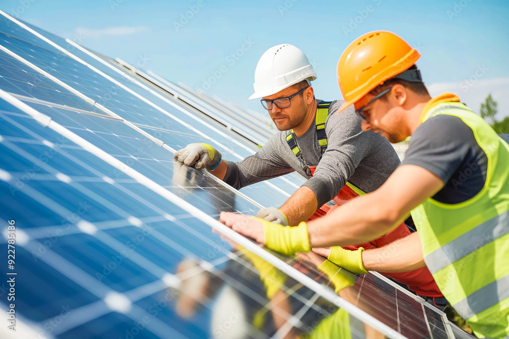 Engineers installing photovoltaic solar panels Engineers installing photovoltaic solar panels
