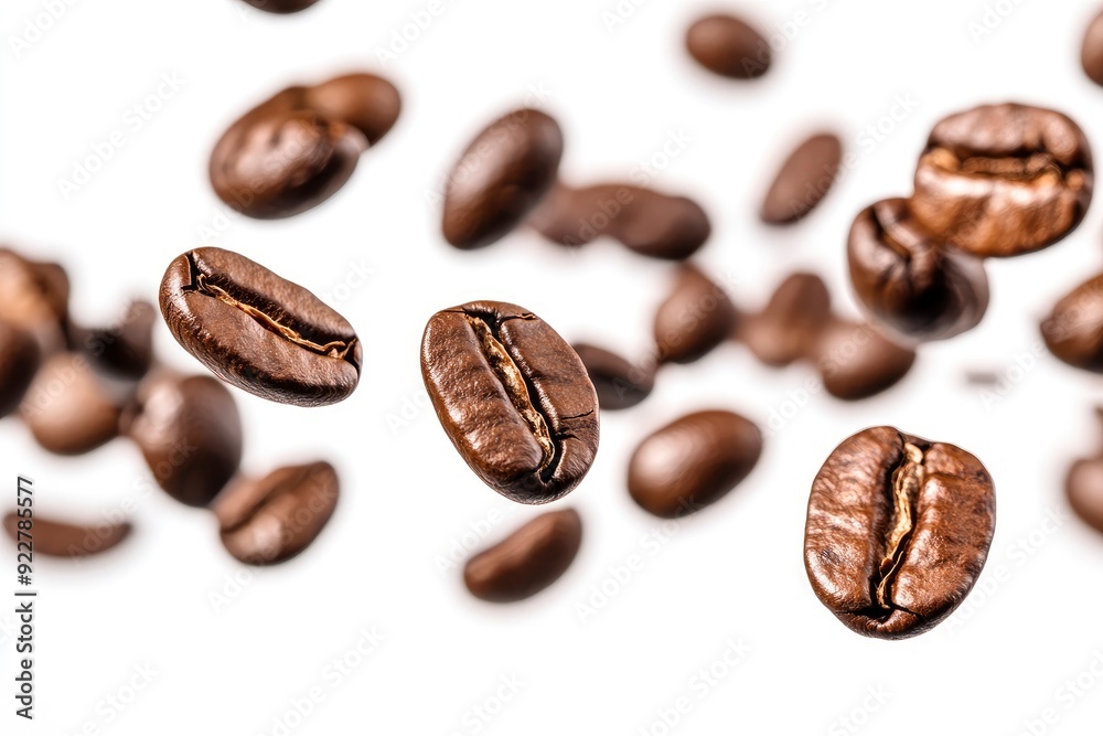 Coffee beans in flight on white background - generative ai Coffee beans in flight on white background - generative ai