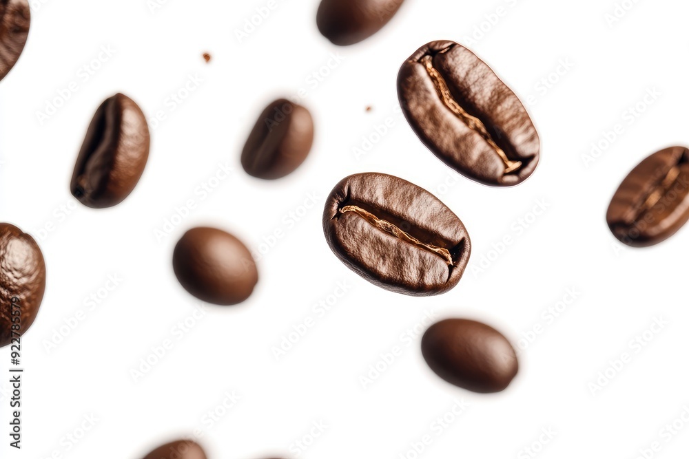 Coffee beans in flight on white background - generative ai Coffee beans in flight on white background - generative ai