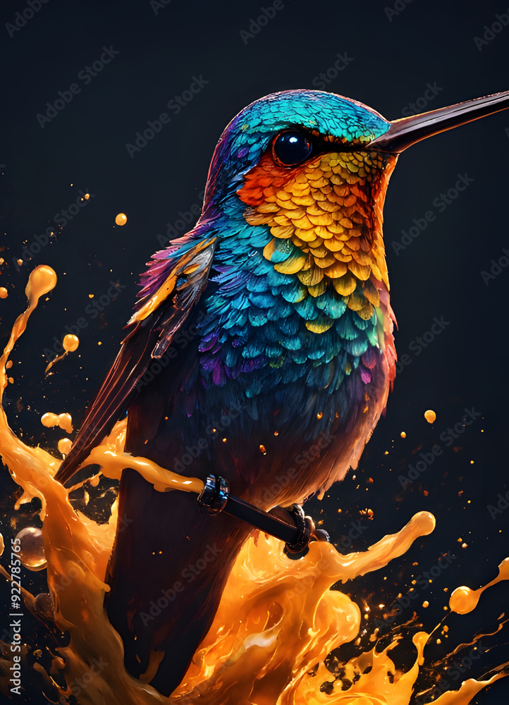 Fototapeta premium “Vivid Hummingbird Perched with Dynamic Splash of Orange Liquid - Colorful Nature Illustration”