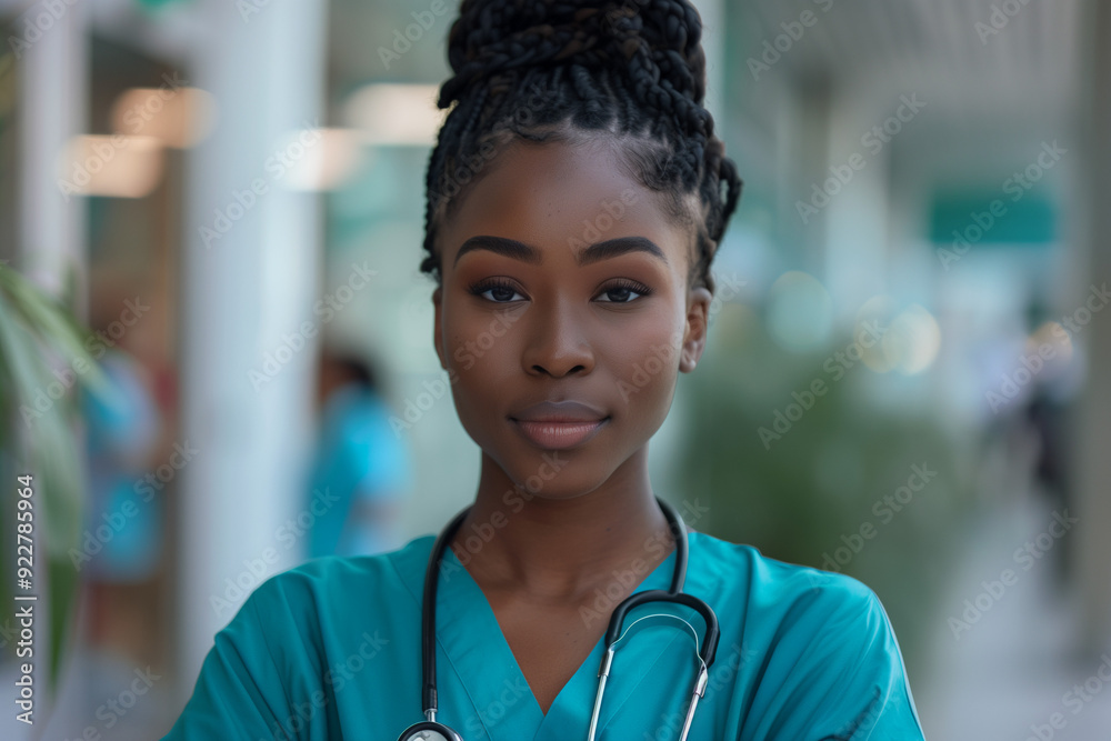 Portrait of young African American woman nurse or a doctor intern with colleagues. High quality photo Portrait of young African American woman nurse or a doctor intern with colleagues. High quality photo