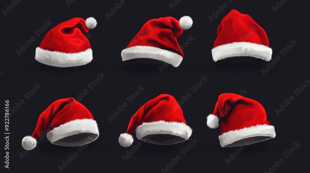 A set of six santa hats on a black background, AI A set of six santa hats on a black background, AI
