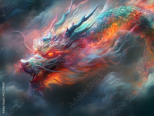 Powerful Auspicious Dragon with Digital Effects: An auspicious dragon with digital effects and vibrant visuals, representing modern strength and prosperity