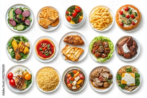 food collage of various meals in a plate isolated on white background, top view - generative ai