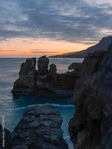 Sunrise view at Punakaiki coastline, New Zealand.