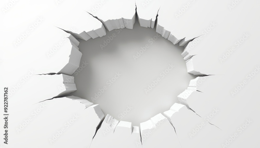 Fototapeta premium Large jagged hole in a white wall with sharp edges and debris.