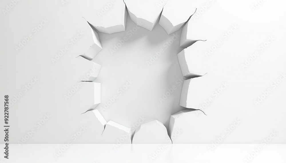 Large hole in white wall with jagged edges, suggesting a forceful impact or break-in.