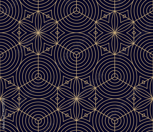 Vector minimalist geometric seamless pattern. Abstract golden texture with hexagonal grid, thin lines, circles, floral silhouettes, lattice. Gold and black geo background. Modern repeat luxury design