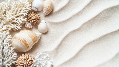 Natural sand setting with coral and snail shells for product display.