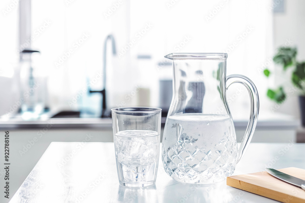 Glass and jug with purified water and domestic equipment with filters on white kitchen table and white isolated background. Front view. Horizontal composition. Glass and jug with purified water and domestic equipment with filters on white kitchen table and white isolated background. Front view. Horizontal composition.