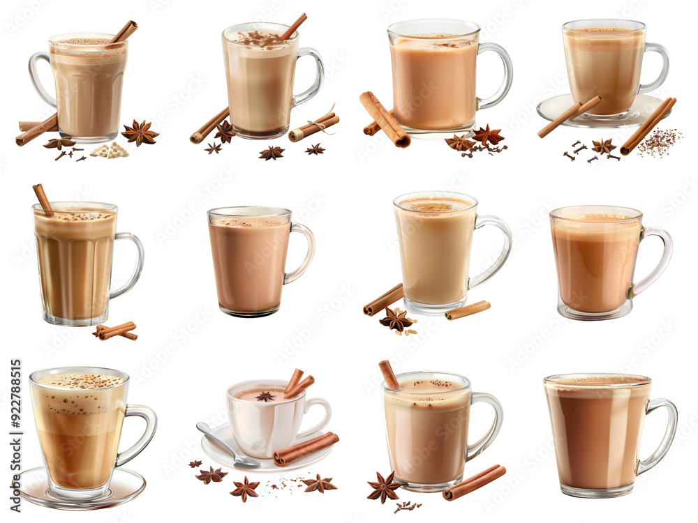 Collection of Spiced Latte and Chai Latte Drinks with Cinnamon Sticks and Star Anise