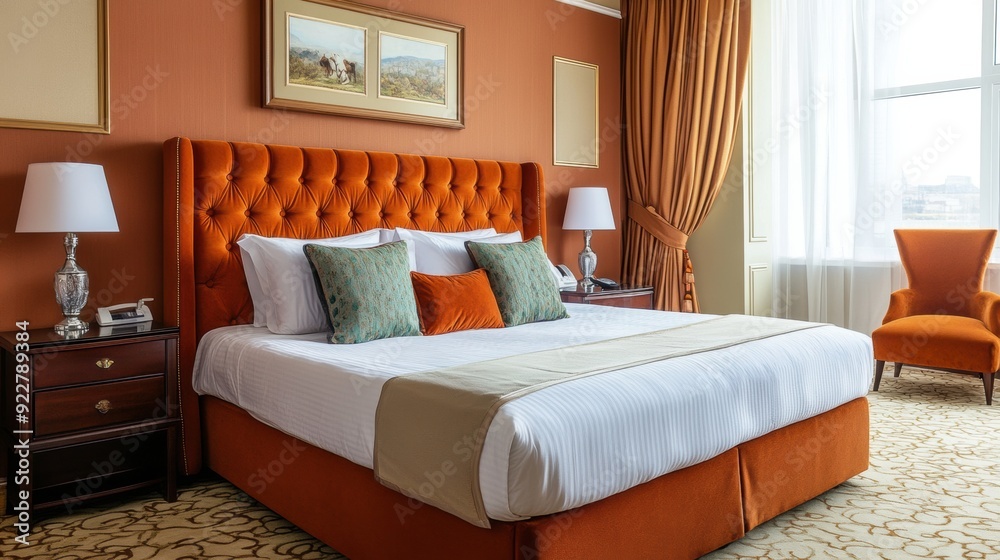 A bedroom with orange walls and bed, chair and lamp, AI A bedroom with orange walls and bed, chair and lamp, AI